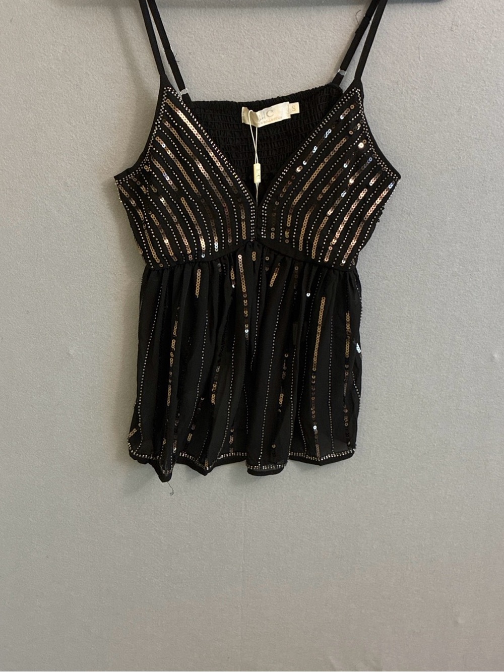 Black Sequin Spaghetti-Strap Cami with Smocked Back